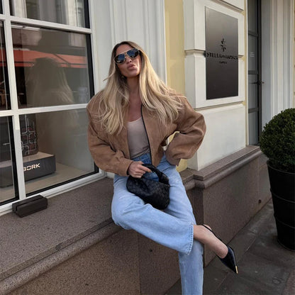 Jaqueta de camurça vintage para mulheres manga longa bolso com gola para baixo