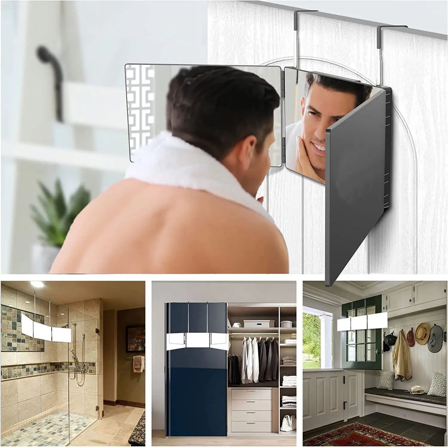 3-Way Mirror with Height Adjustable Hook 360 Trifold Makeup Mirror Hairdressing Mirror Suitable for Haircut Styling