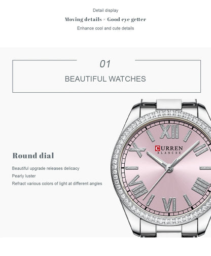 CURREN Luxury Watch Women Ring Necklace Earrings Rhinestone Fashion Wristwatch Female Casual Ladies Watches Bracelet 5PCS Set
