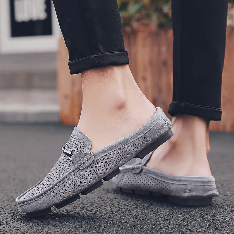 Moda masculina chinelos de couro ao ar livre meia loafers sapatos leves respirável mulas para o homem verão sandálias casuais sapatos preguiçosos