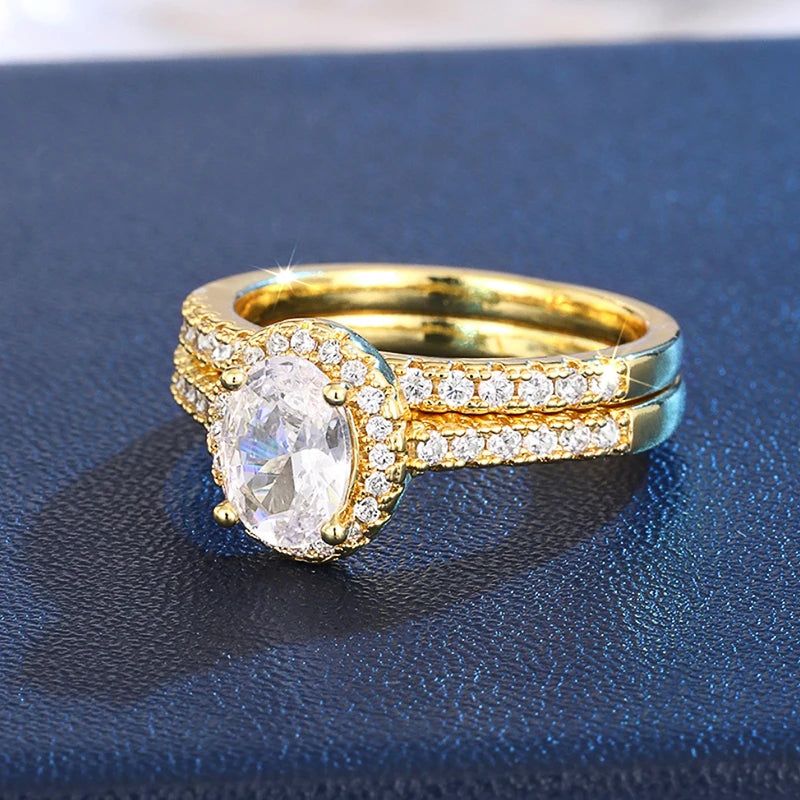 Huitan Gold Color/Rose Gold Color 2Pcs Set Wedding Rings for Women Luxury Cubic Zirconia Engagement Party Female Trendy Jewelry