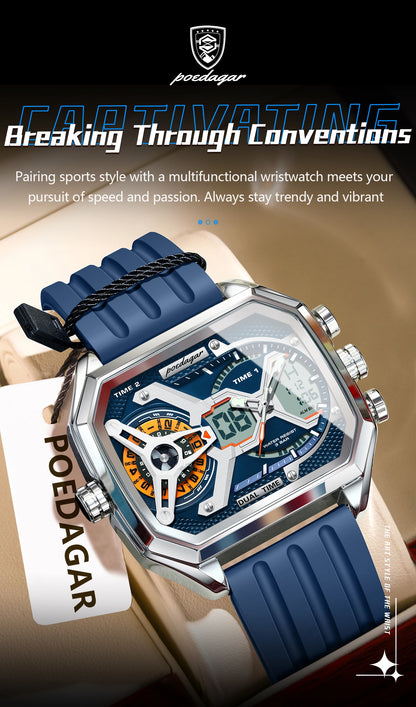 POEDAGAR Luxury Men Wristwatch Date Week Luminous LED Quartz Man Clock Silicone Strap Electronic Dual Time Fashion Men's Watches