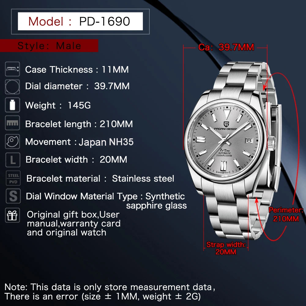 PAGANI DESIGN Luxury Classic Men‘s Mechanical Automatic Watches NH35A Stainless Steel Sports Waterproof Sapphire Clock PD1690