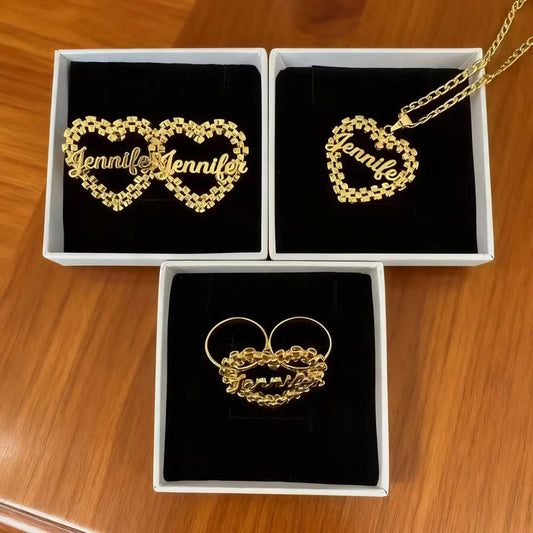 Custom Name Jewelry Set Heart Shaped Watch Strap Chain Style Custom Name Nameplate Necklace/Earrings/Rings Personalized Gift
