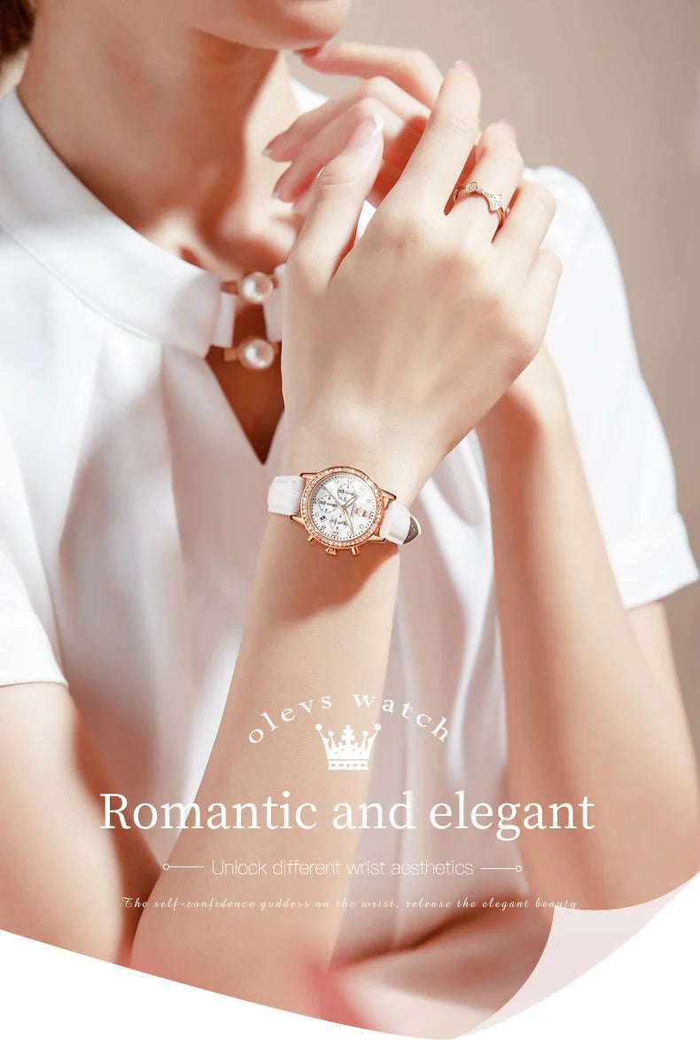 OLEVS 9933 Women' Watches Luxury Brand Diamond Quartz Wristwatch Waterproof Luminous   Leather Strap Multifunction Ladies Watch