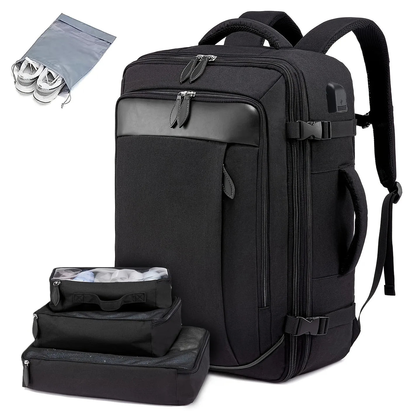 Mochila de viaje con puerto de carga USB, múltiples bolsas organizadoras y compartimento para zapatos, mochila de equipaje de gr