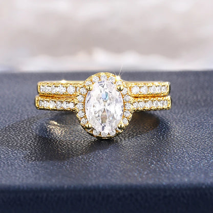 Huitan Gold Color/Rose Gold Color 2Pcs Set Wedding Rings for Women Luxury Cubic Zirconia Engagement Party Female Trendy Jewelry