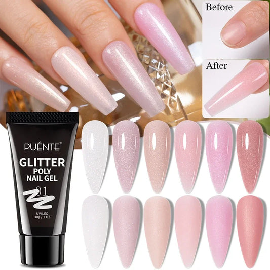 30ML Glitter Poly Nail Gel Hema Free Pink Glitter Acrylic Gel Finger Extension Nail Gel Semi-Permanent Nail Varnish For Manicure