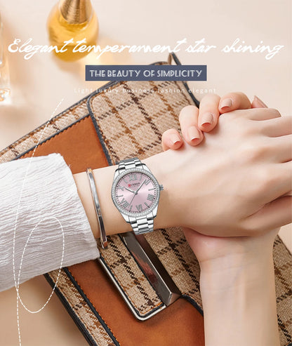 CURREN Luxury Watch Women Ring Necklace Earrings Rhinestone Fashion Wristwatch Female Casual Ladies Watches Bracelet 5PCS Set