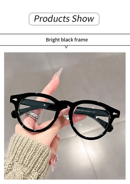 A high-end, retro Korean-style round frame anti-blue light flat glasses with a simple round frame and rice studs without makeup