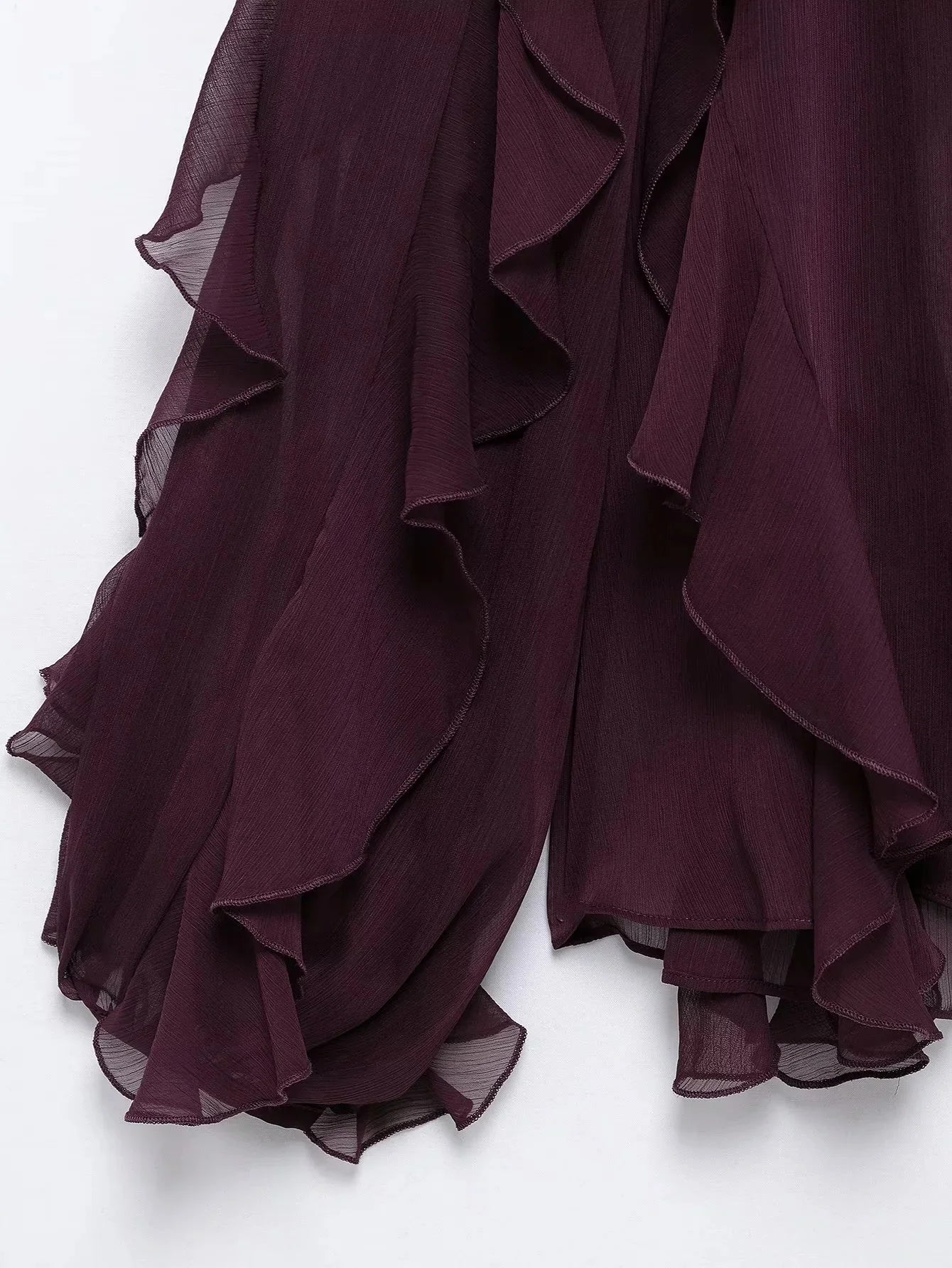 KONDALA Burgundy Mesh Ruffles Shirts For Women Elegant Long Sleeve See Through Loose Tops 2025 New Female High Street Partywear
