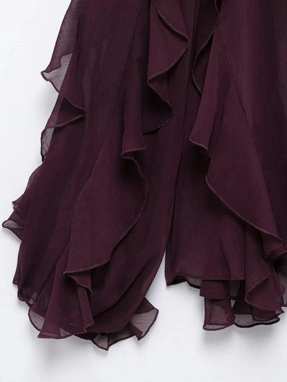 KONDALA Burgundy Mesh Ruffles Shirts For Women Elegant Long Sleeve See Through Loose Tops 2025 New Female High Street Partywear