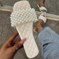 Novas Sandálias Casuais Femininas Primavera/Verão 2024 com Pérolas e Strass, Sapatos Planos de Cor Sólida