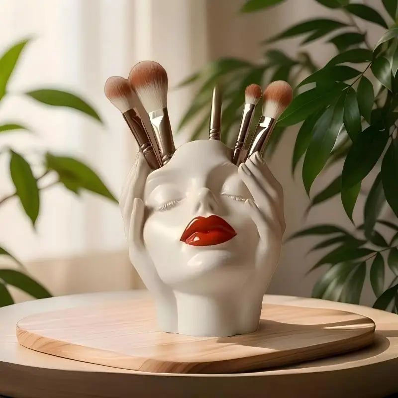 Cosmetic Brush Holder Makeup Organizer For Brushes Women's Head Design Boho Aesthetic Decorative Resin Decoration For Bathroom