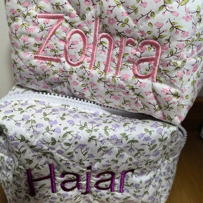 Custom Name Floral Makeup Pouch Embroidered Featuring a Floral Design Wash Bag, Travel Cosmetic Bag Suitable for Bridesmaid Gift