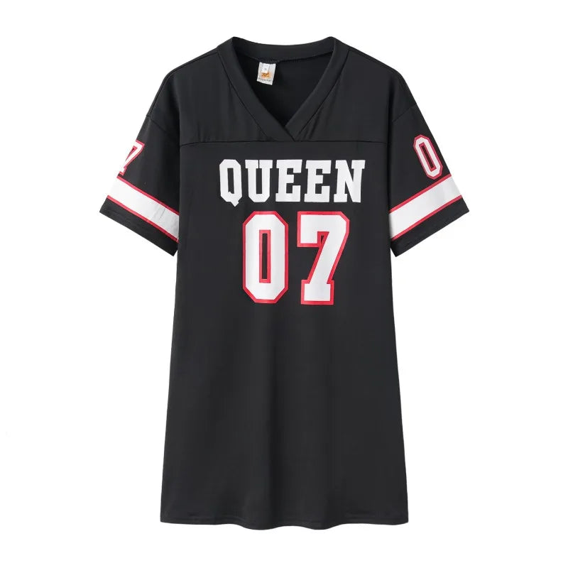 2025 New Fashion V-Neck Queen Letters Print Dress Short Sleeve
