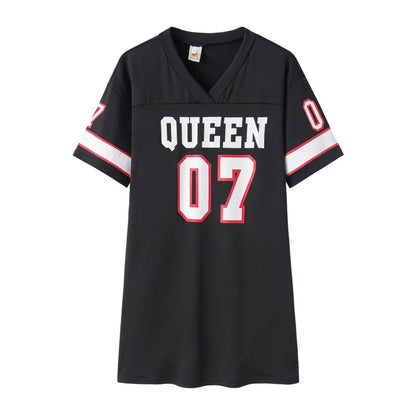 2025 New Fashion V-Neck Queen Letters Print Dress Short Sleeve