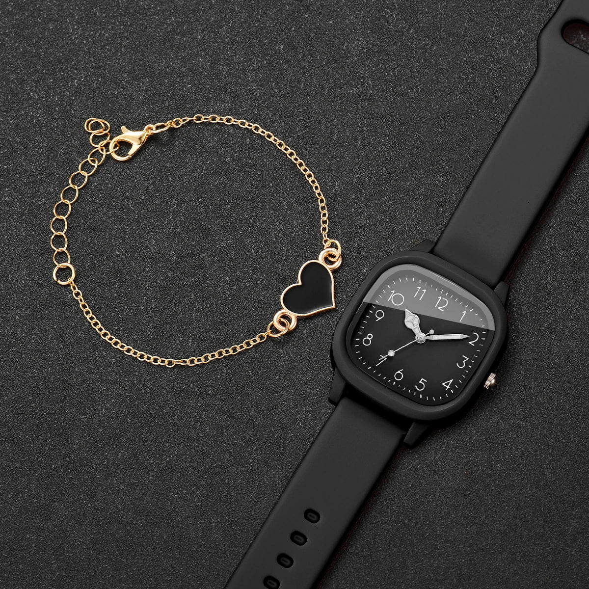 4PCS Fashion Square Women Watches Heart Bracelet Set Arabic Dial Silicone Strap Quartz Wristwatch Reloj Mujer Girls(Without Box)