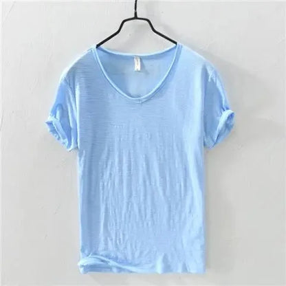 2026 Summer New 100% Cotton White T-shirt Male V-neck