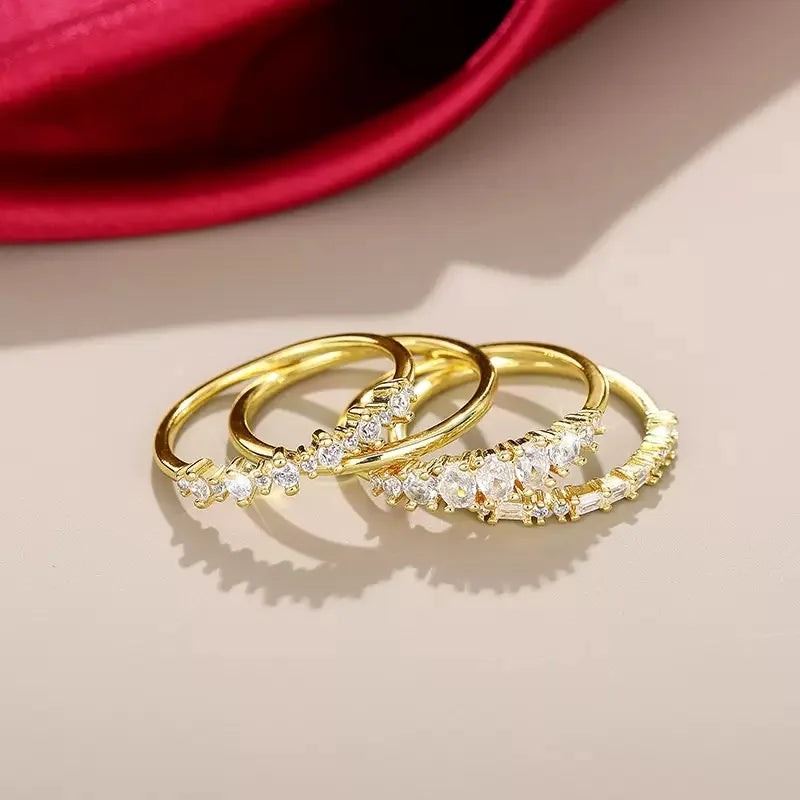 New 4pcs 14k Gold Plated Stacking Rings with Shining Zirconia - Perfect ForWeddings, Parties, and Everyday Wear