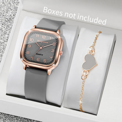 2PCS Fashion Square Arabic Dial Women Watches Heart Bracelet Set Casual Silicone Strap Quartz Watch Reloj Mujer（Without Box）