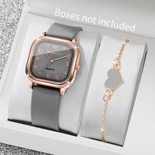 2PCS Fashion Square Arabic Dial Women Watches Heart Bracelet Set Casual Silicone Strap Quartz Watch Reloj Mujer（Without Box）