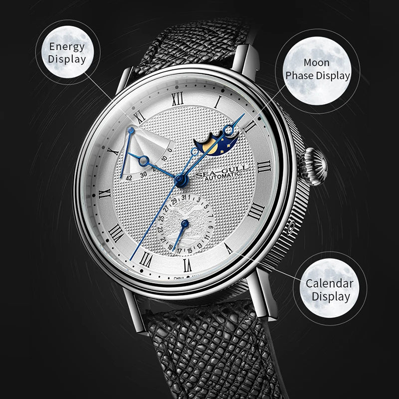 Seagull Men's Business Wristwatch Moon Phase Leather Luxury Automatic Mechannical Men's Watches 50M Waterproof relogio 6092