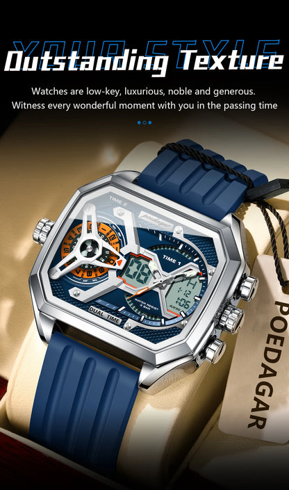 POEDAGAR Luxury Men Wristwatch Date Week Luminous LED Quartz Man Clock Silicone Strap Electronic Dual Time Fashion Men's Watches