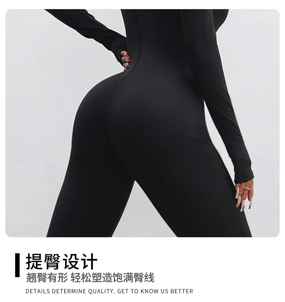 Nylon Yarn Zipper Long-sleeved Flare Pants Yoga One-piece Clothes Tight Fitness Sportswear Women's Jumpsuits