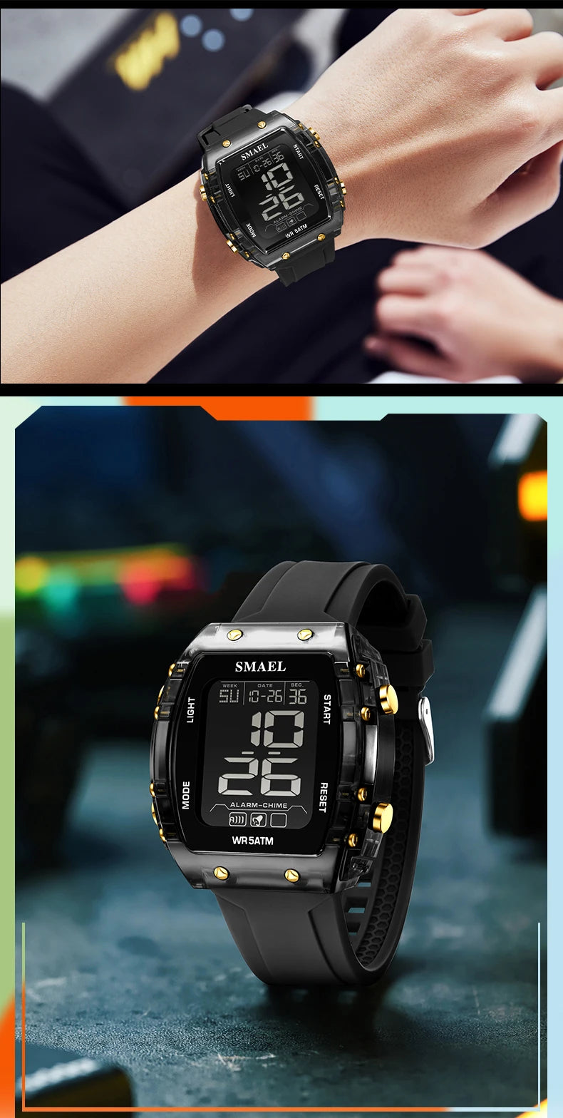 SMAEL Digital Watches Big Dial Rectangle Sport Watches LED Date 8108 Digital Watches 50m Waterproof Shockproof Men's Wristwatch