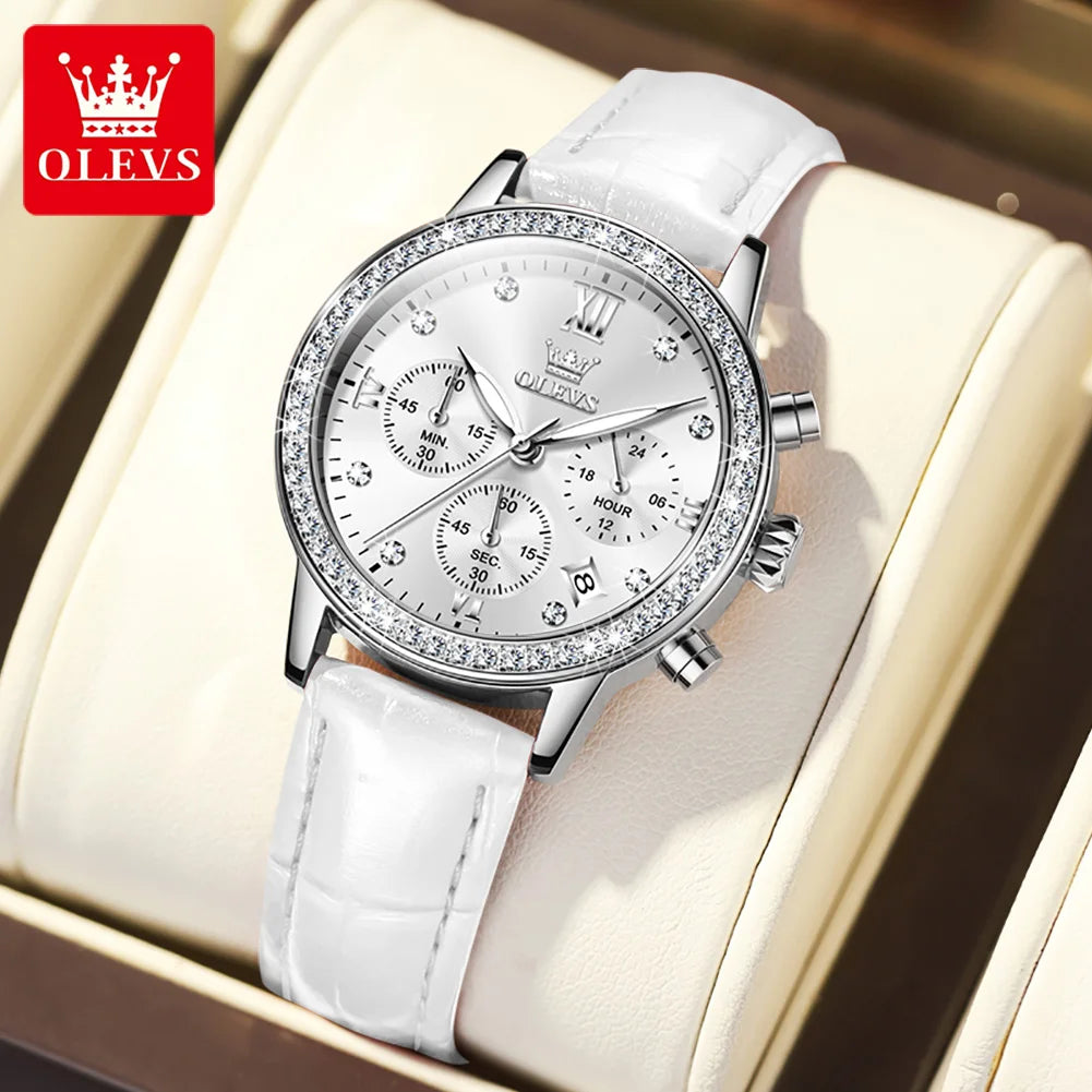 OLEVS 9933 Women' Watches Luxury Brand Diamond Quartz Wristwatch Waterproof Luminous   Leather Strap Multifunction Ladies Watch