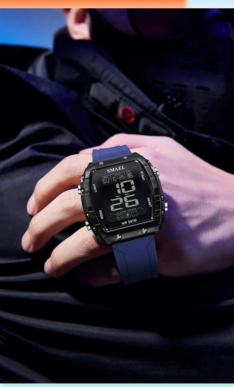 SMAEL Digital Watches Big Dial Rectangle Sport Watches LED Date 8108 Digital Watches 50m Waterproof Shockproof Men's Wristwatch