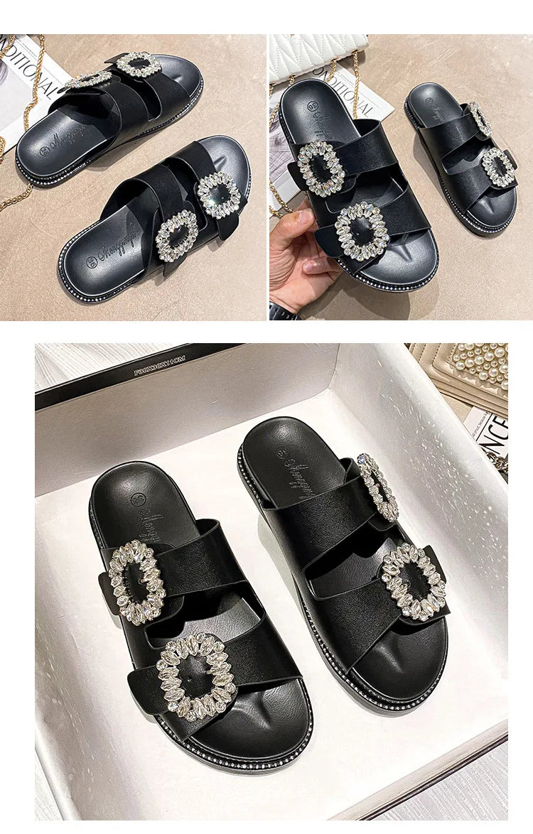 Sandálias Femininas 2026 com Fivela de Strass, Chinelos de Tira Dupla, Sapatos de Cristal, Slides Casuais, Calçados de Salto Baixo, Flip Flops