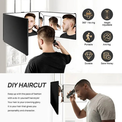3-Way Mirror with Height Adjustable Hook 360 Trifold Makeup Mirror Hairdressing Mirror Suitable for Haircut Styling