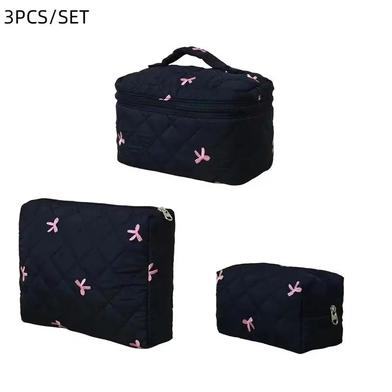 Black Women Portable Makeup Bag Large Capacity Bow Quilting Cosmetic Pouch Handbag Ladies Travel Toiletry Storage Bag