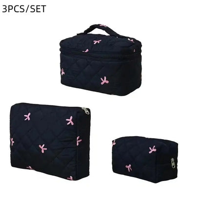 Black Women Portable Makeup Bag Large Capacity Bow Quilting Cosmetic Pouch Handbag Ladies Travel Toiletry Storage Bag