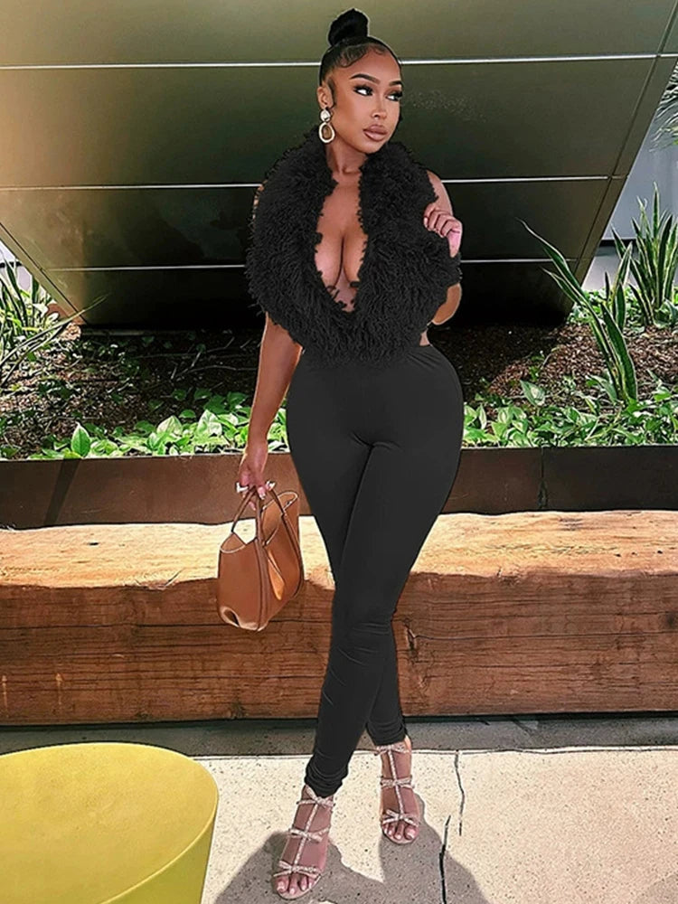 Nibber Hipster 2-Piece Set Women Plush Tassel Lace-Up Halter v-Neck Backless Vest+High Elasticity Trouser Sexy Midnight Suits