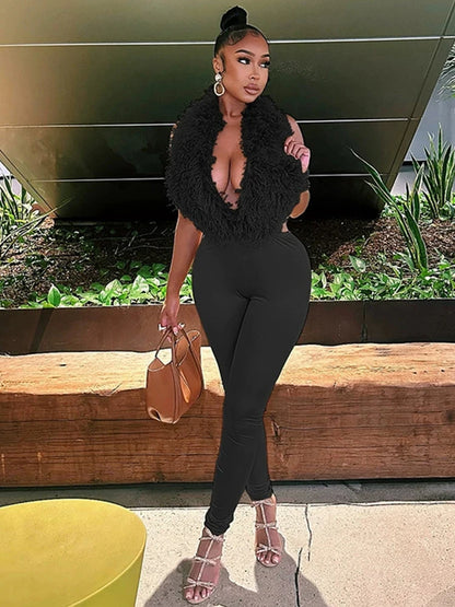 Nibber Hipster 2-Piece Set Women Plush Tassel Lace-Up Halter v-Neck Backless Vest+High Elasticity Trouser Sexy Midnight Suits