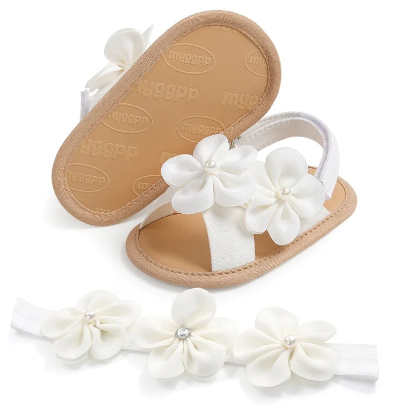 Sandálias de verão para bebês meninas de 0 a 18 meses, decorações de flores 3d fofas, sapatos de sola plana antiderrapantes, sapatos para primeiros passos recém-nascidos