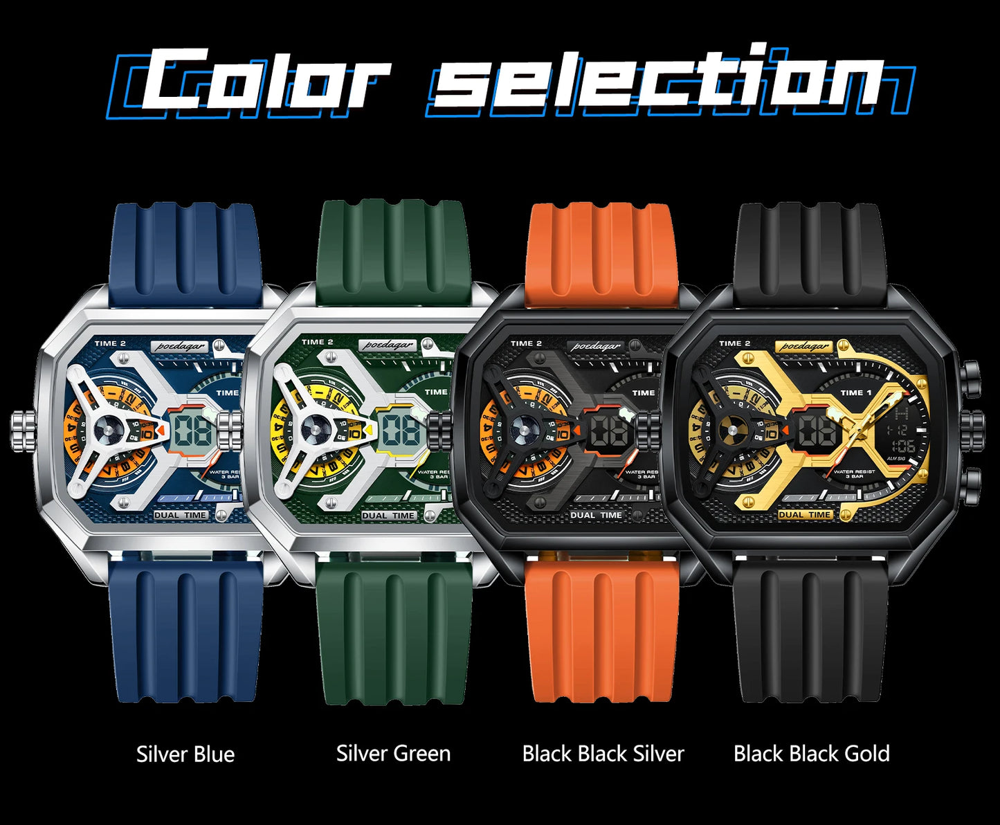 POEDAGAR Luxury Men Wristwatch Date Week Luminous LED Quartz Man Clock Silicone Strap Electronic Dual Time Fashion Men's Watches