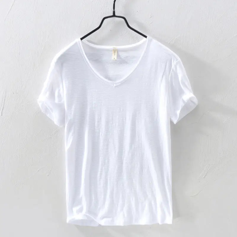 2026 Summer New 100% Cotton White T-shirt Male V-neck