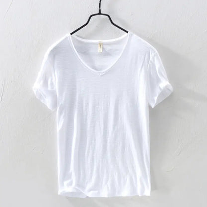 2026 Summer New 100% Cotton White T-shirt Male V-neck