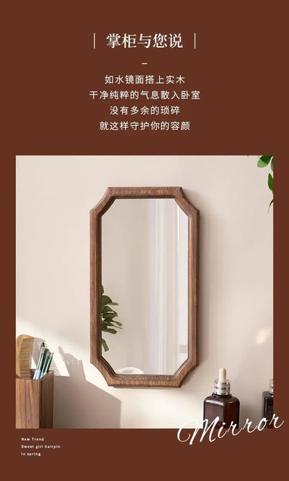 Retro Solid Wood Dressing Mirror Makeup Mirror Wall-mounted Bathroom Toilet Wall-mounted Punch-free Rectangular Bathroom Mirror