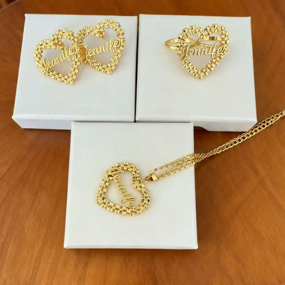 Custom Name Jewelry Set Heart Shaped Watch Strap Chain Style Custom Name Nameplate Necklace/Earrings/Rings Personalized Gift