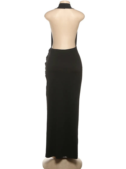 Weird Puss Sexy Backless Long Dress Women Halter Deep V-Neck Sleeveless High Splits Hem New Trend Pool Style Elegant Vestidos