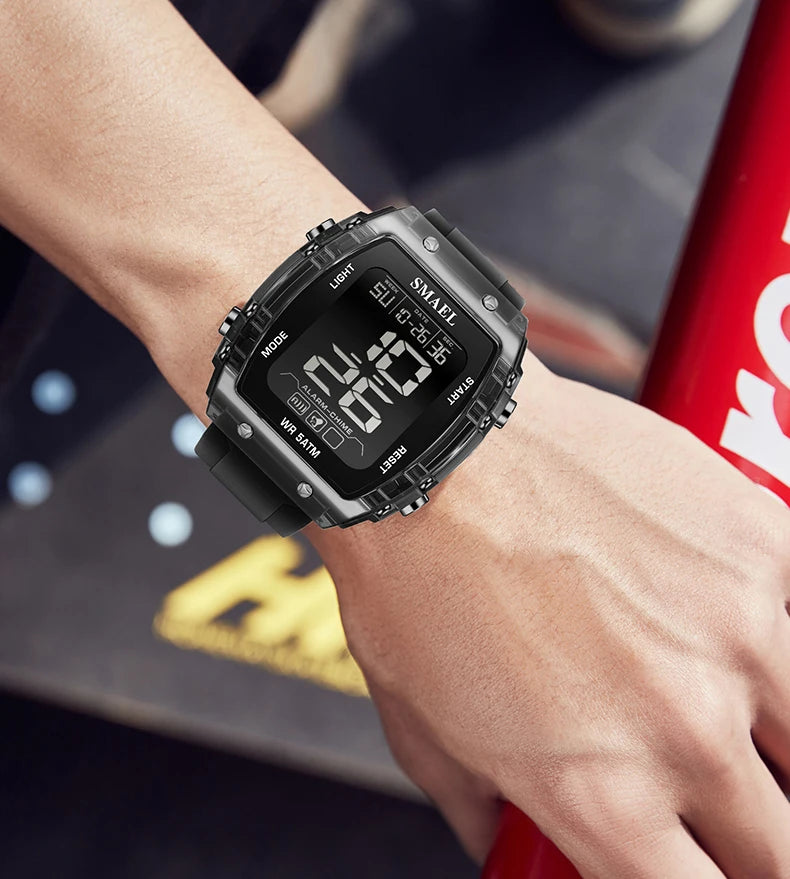 SMAEL Digital Watches Big Dial Rectangle Sport Watches LED Date 8108 Digital Watches 50m Waterproof Shockproof Men's Wristwatch