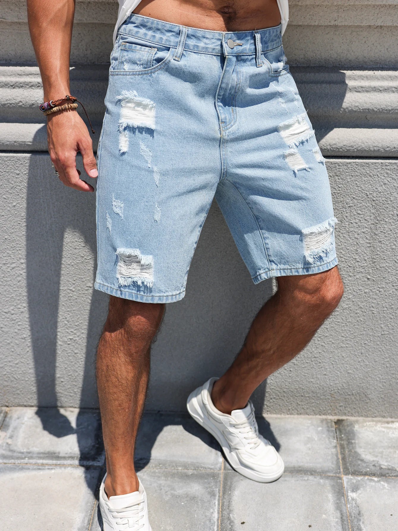 Hole-washed Water Buffalo Denim Short Pants - Men's