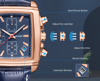MEGIR Fashion Casual Men Chronograph Quartz Watch Top Brand Military Sport Wristwatch Man Rectangle  Leather Watches Male 2028