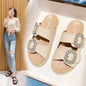 Sandálias Femininas 2026 com Fivela de Strass, Chinelos de Tira Dupla, Sapatos de Cristal, Slides Casuais, Calçados de Salto Baixo, Flip Flops