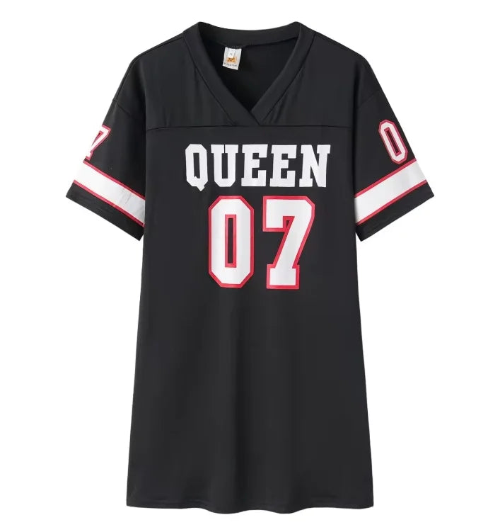 2025 New Fashion V-Neck Queen Letters Print Dress Short Sleeve